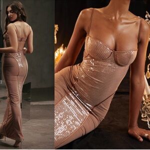 NWOT HOUSE OF CB 'Bonita' Cafe Au Lait brown Sequin Maxi Dress sz L